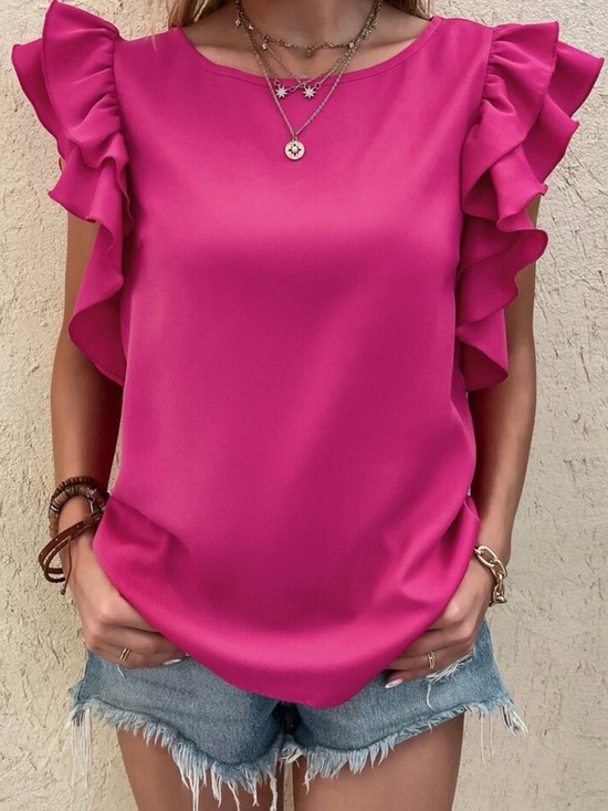 SHEIN Tops - SHEIN Womens M Solid Pink Ruffle Sleeve Top Boho Summer Lightweight Preppy Fairy